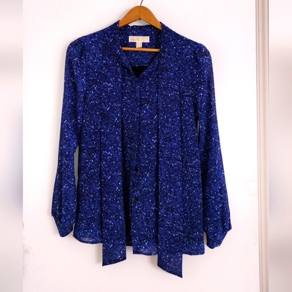 MICHAEL KORS Mesh Blouse Button Shirt Bow Tie Micro Print cAsual Office - Picture 1 of 5